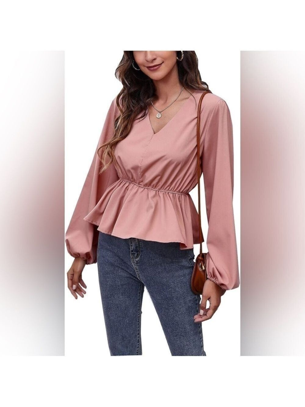 GILLI Dusty Rose Peplum Long Puff Sleeve V-Neck Blouse